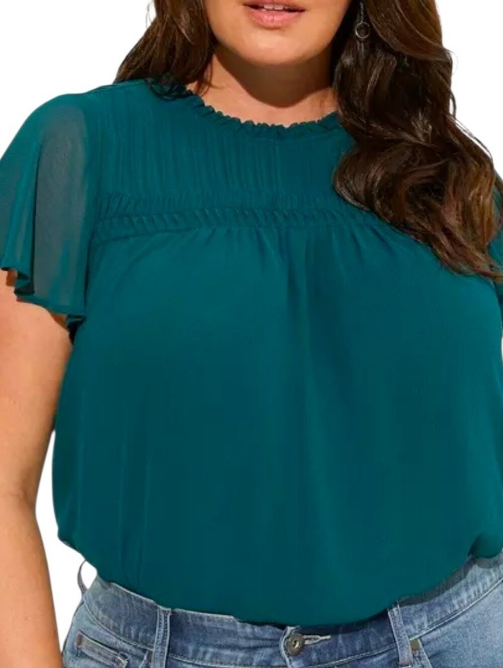 Torrid Chiffon Smocked Pintuck Flutter Short Sleeve Blouse Deep Teal 3X 22 24